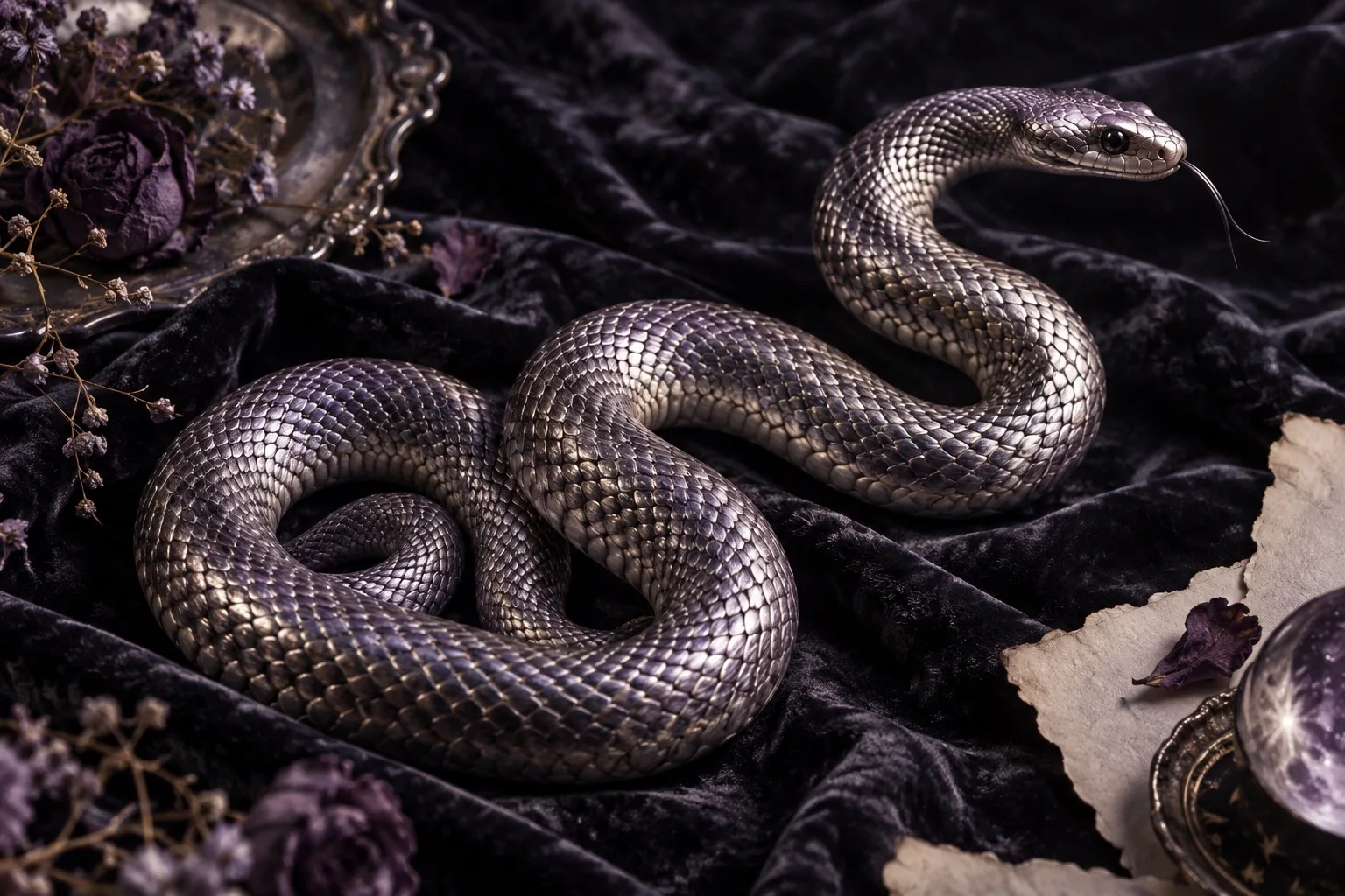 Original editorial illustration of a silver snake on black velvet